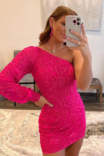 Royal Blue Beaded Sequins One Shoulder Tight Homecoming Dress