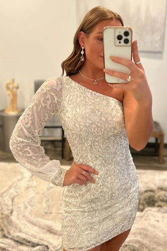 White Beaded Sequins One Shoulder Tight Homecoming Dress