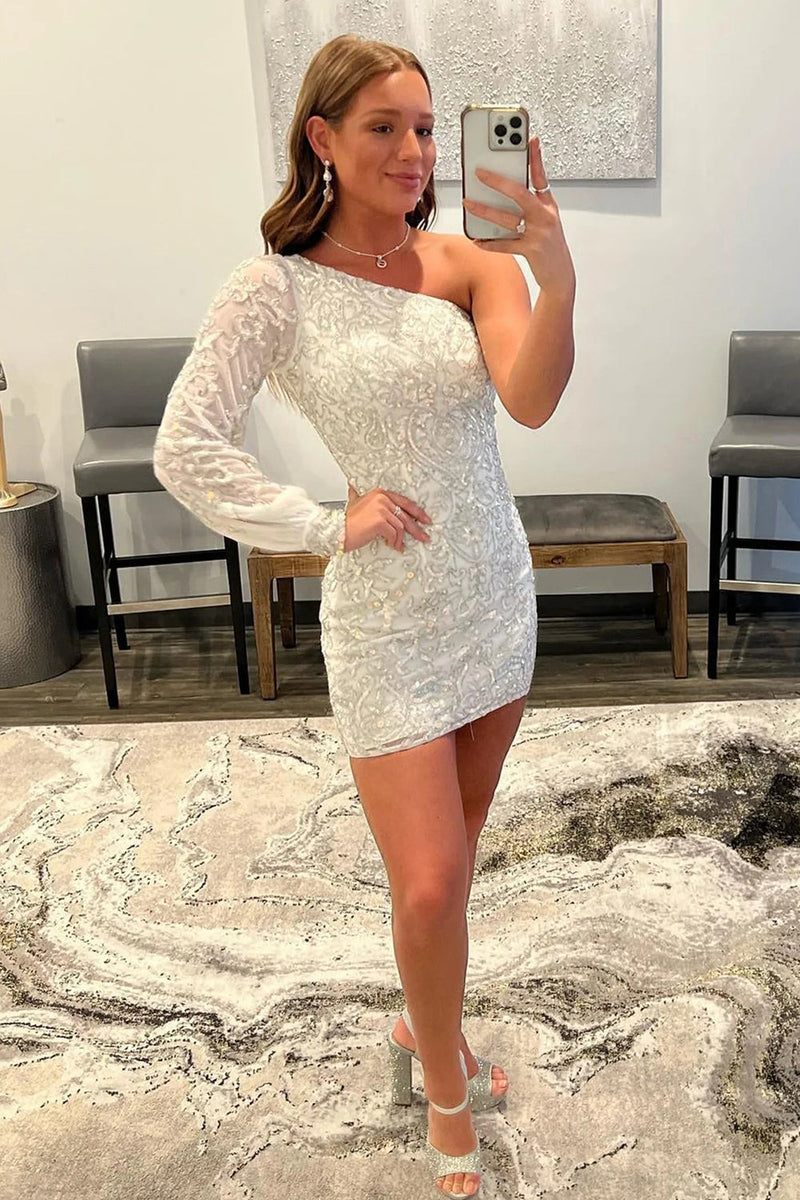 Load image into Gallery viewer, White Beaded Sequins One Shoulder Tight Homecoming Dress