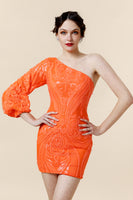 Load image into Gallery viewer, Bodycon One Shoulder Orange Sequins Cocktail Dress
