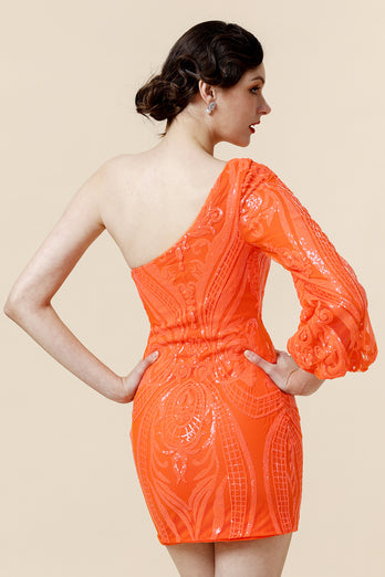Bodycon One Shoulder Orange Sequins Cocktail Dress