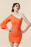 Load image into Gallery viewer, Bodycon One Shoulder Orange Sequins Cocktail Dress
