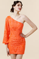 Load image into Gallery viewer, Bodycon One Shoulder Orange Sequins Cocktail Dress