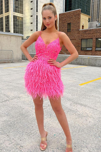 Sheath Pink Sequins Short Homecoming Dress with Feathers