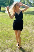 Load image into Gallery viewer, Sheath Pink Sequins Short Homecoming Dress with Feathers