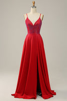 Load image into Gallery viewer, A Line Red Spaghetti Straps Beaded Long Prom Dress
