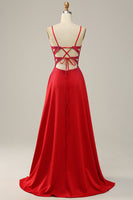 Load image into Gallery viewer, A Line Red Spaghetti Straps Beaded Long Prom Dress