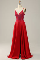 Load image into Gallery viewer, A Line Red Spaghetti Straps Beaded Long Prom Dress