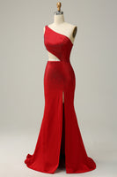 Load image into Gallery viewer, Mermaid One Shoulder Red Cut Out Prom Dress with Beading