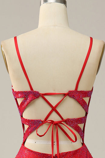 A Line Red Spaghetti Straps Beaded Long Prom Dress