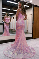 Load image into Gallery viewer, Sparkly Pink Sequin Long Mermaid Corset Prom Dress