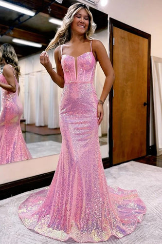 Sparkly Pink Sequin Long Mermaid Corset Prom Dress