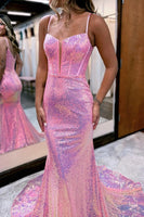 Load image into Gallery viewer, Sparkly Pink Sequin Long Mermaid Corset Prom Dress