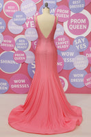 Load image into Gallery viewer, Mermaid Pink Deep V Neck Open Back Prom Dress With Beading