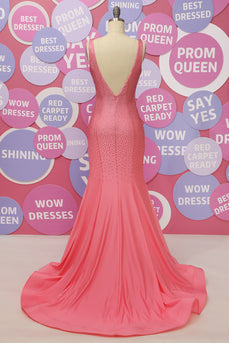 Mermaid Pink Deep V Neck Open Back Prom Dress With Beading