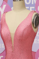Load image into Gallery viewer, Mermaid Pink Deep V Neck Open Back Prom Dress With Beading