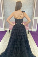 Load image into Gallery viewer, Black Tulle A Line One Shoulder Tiered Long Corset Prom Dress with Slit