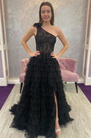 Load image into Gallery viewer, Black Tulle A Line One Shoulder Tiered Long Corset Prom Dress with Slit