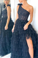 Load image into Gallery viewer, Black Tulle A Line One Shoulder Tiered Long Corset Prom Dress with Slit