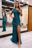 Load image into Gallery viewer, Sparkly Peacock Blue Sequins Mermaid One Shoulder Long Prom Dress with Slit