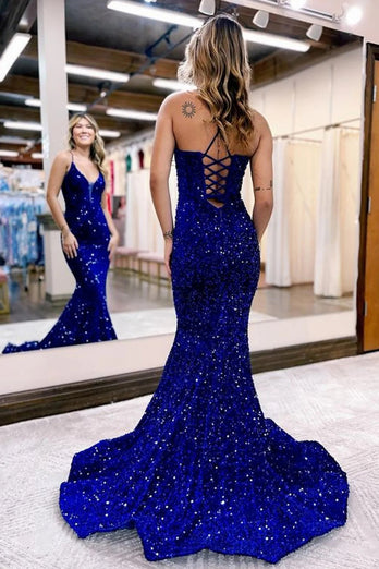 Sparkly Royal Blue Lace-Up Back Sequins Mermaid Long Prom Dress