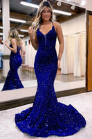 Load image into Gallery viewer, Sparkly Royal Blue Lace-Up Back Sequins Mermaid Long Prom Dress