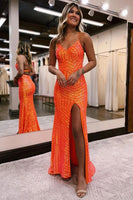 Load image into Gallery viewer, Sheath Spaghetti Straps Orange Sequins Long Prom Dress with Criss Cross Back