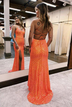 Sheath Spaghetti Straps Orange Sequins Long Prom Dress with Criss Cross Back