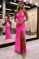 Load image into Gallery viewer, Sheath Spaghetti Straps Orange Sequins Long Prom Dress with Criss Cross Back