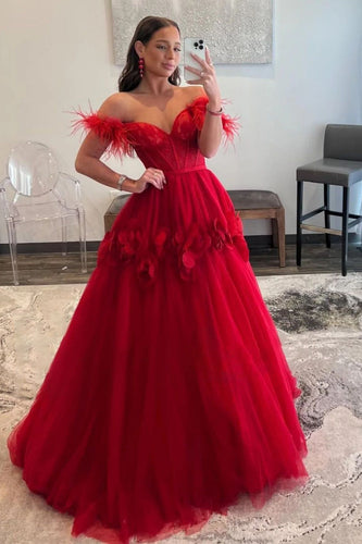 A Line Off the Shoulder Red Long Prom Dress with Feathers
