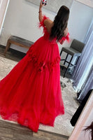 Load image into Gallery viewer, A Line Off the Shoulder Red Long Prom Dress with Feathers