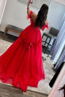 A Line Off the Shoulder Red Long Prom Dress with Feathers