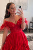 Load image into Gallery viewer, A Line Off the Shoulder Red Long Prom Dress with Feathers