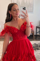 Load image into Gallery viewer, A Line Off the Shoulder Red Long Prom Dress with Feathers