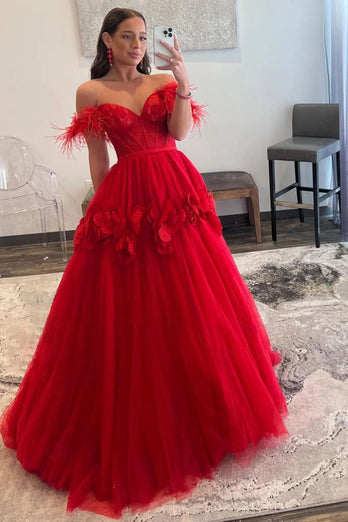 A Line Off the Shoulder Red Long Prom Dress with Feathers