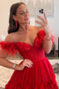 Load image into Gallery viewer, A Line Off the Shoulder Red Long Prom Dress with Feathers