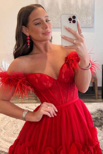 A Line Off the Shoulder Red Long Prom Dress with Feathers