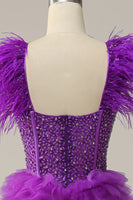 Load image into Gallery viewer, A Line Sweetheart Purple Long Prom Dress with Beading Feathers