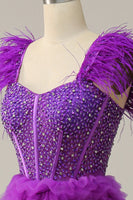 Load image into Gallery viewer, A Line Sweetheart Purple Long Prom Dress with Beading Feathers