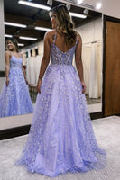 Load image into Gallery viewer, A Line Spaghetti Straps Lilac Corset Prom Dress with Appliques