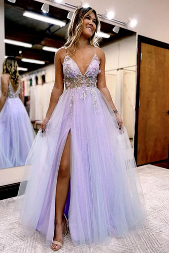 A Line Spaghetti Straps Lilac Long Prom Dress with Split Front