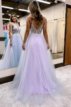 A Line Spaghetti Straps Lilac Long Prom Dress with Split Front