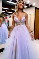 Load image into Gallery viewer, A Line Spaghetti Straps Lilac Long Prom Dress with Split Front