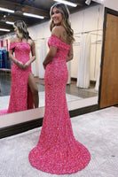 Load image into Gallery viewer, Mermaid Strapless Hot Pink Sequins Long Prom Dress with Split Front