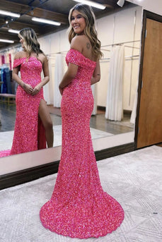 Mermaid Strapless Hot Pink Sequins Long Prom Dress with Split Front