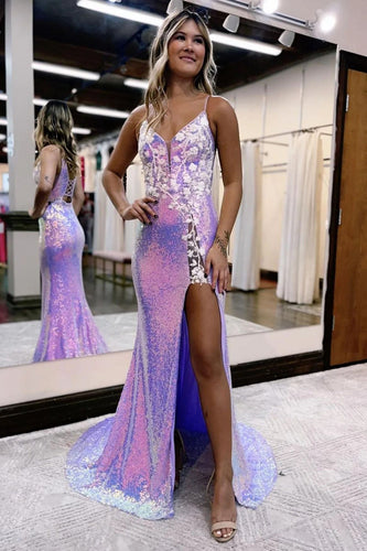 Mermaid Spaghetti Straps Purple Sequins Long Prom Dress with Split Front