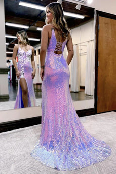 Mermaid Spaghetti Straps Purple Sequins Long Prom Dress with Split Front