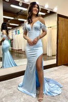 Load image into Gallery viewer, Mermaid Off the Shoulder Light Blue Long Prom Dress with Criss Cross Back