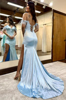 Load image into Gallery viewer, Mermaid Off the Shoulder Light Blue Long Prom Dress with Criss Cross Back