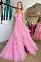 Load image into Gallery viewer, Light Pink Tulle Tiered A-Line Long Prom Dress